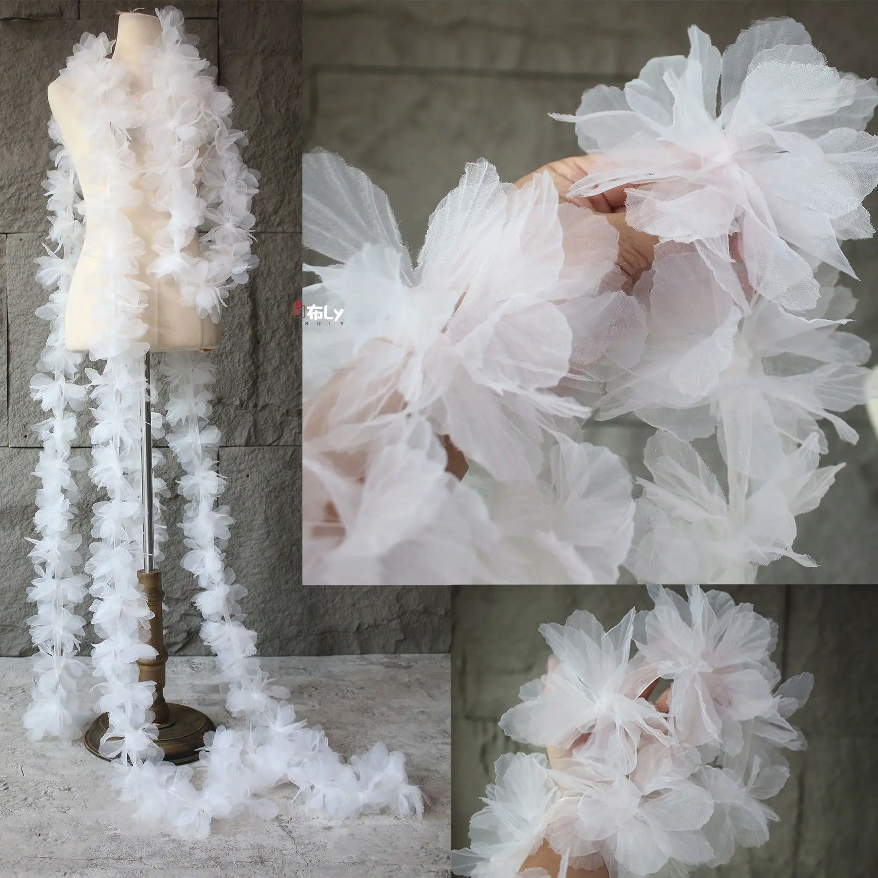 3D Large Flower Shiny Organza Lace Trim For Evening Dress Decoration Handmade Remodeling Garment Designer Accessory Fabric