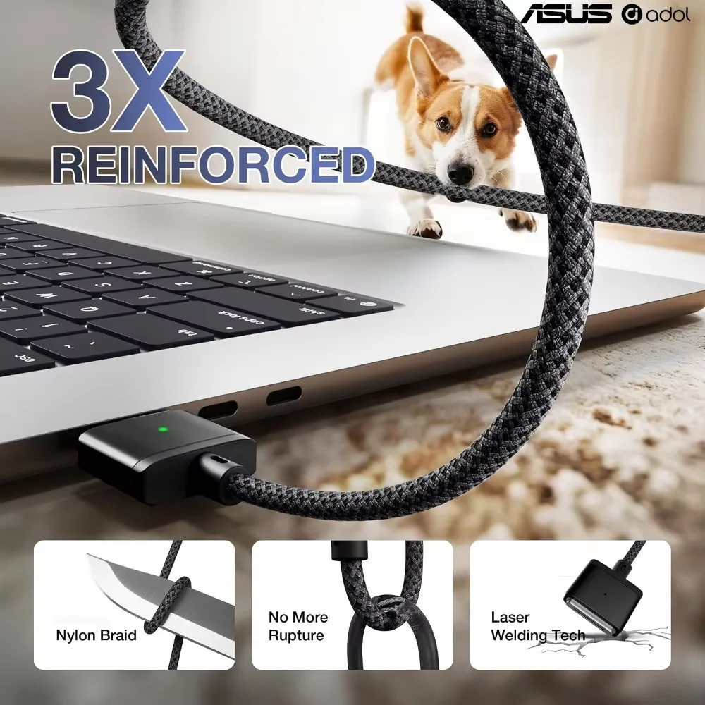 ASUS 140W PD USB-C to Magnetic 3 Charging Cable Nylon Braided LED Indicator for MacBook Pro Air M2 M3 M4 M5 Laptops