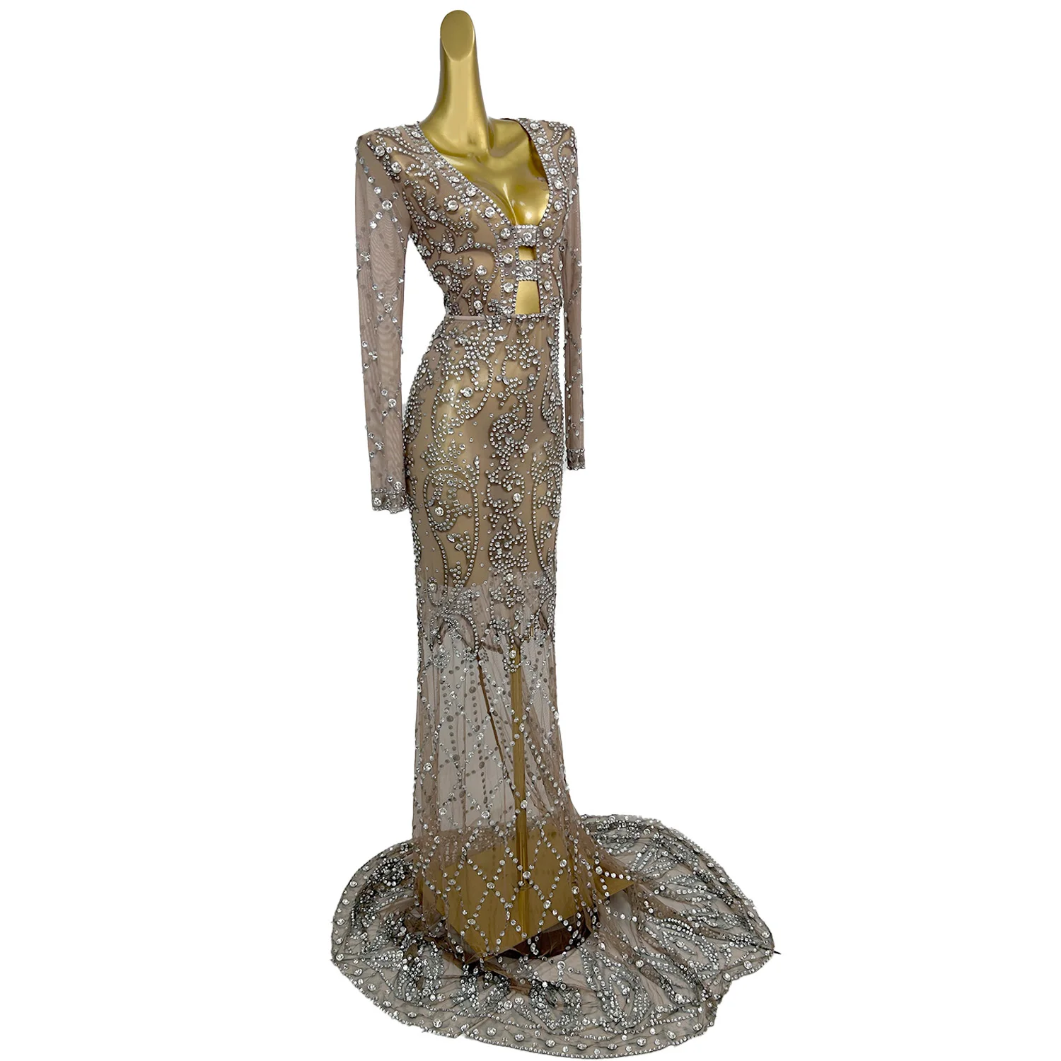 Suofeiya Elegant Women Evening Dress Sexy Perspective Hollow Out Long Dress Wedding Banquet Birthday Dance Party Cocktail Dress