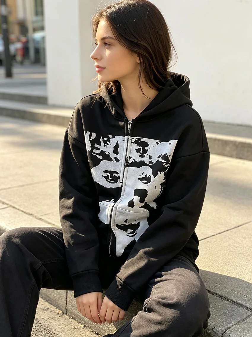Punk Y2K Loose Oversized Zip Up Hoodie Women Vintage Abstract Portrait Print Hooded Jacket Grunge Aesthetic Streetwear Outerwear