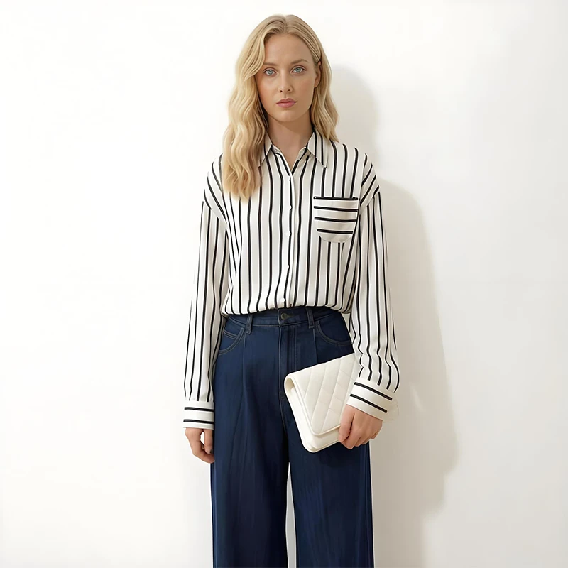 

100% Mulberry Silk 18 Momme Crepe Silk Loose Type Navy Blue Stripes Buttons Down Long Sleeve Women Shirt Blouse Top Office M150