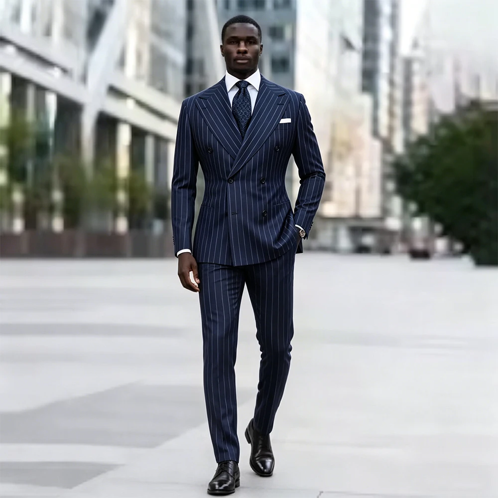 

Africa Pinstripe Men Suits 2 Pieces Peaked Lapel Double Breasted Office Business Blazer Bespoke Wedding Groom Tuxedo Customized
