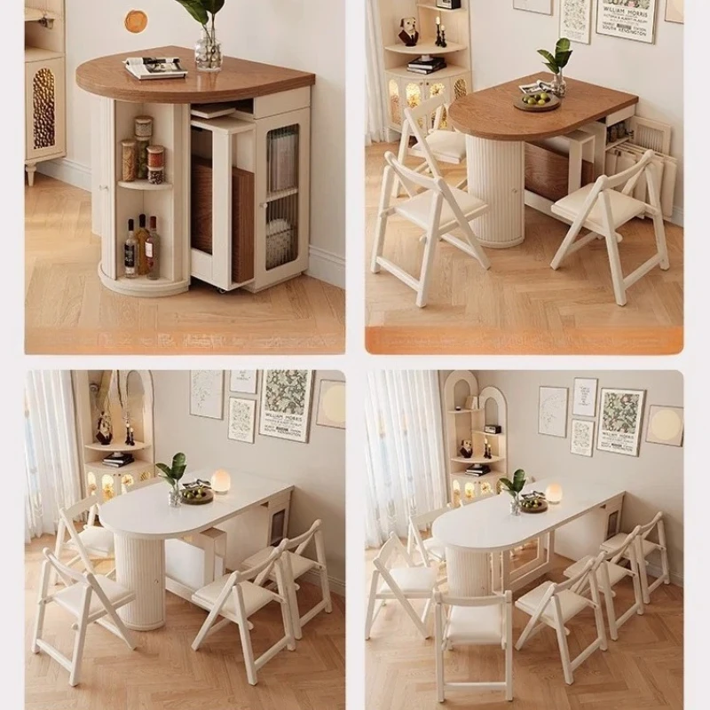 

Cream wind slate, retractable dining table, small apartment round household solid wood, foldable dual-purpose space-saving