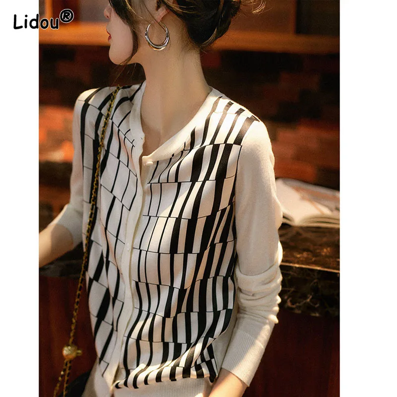 Black White Lattice O-Neck Spliced Cardigan Ice Silk Knitting Single Breasted Women\'s Clothing Office Lady Plaid Slim Sweaters