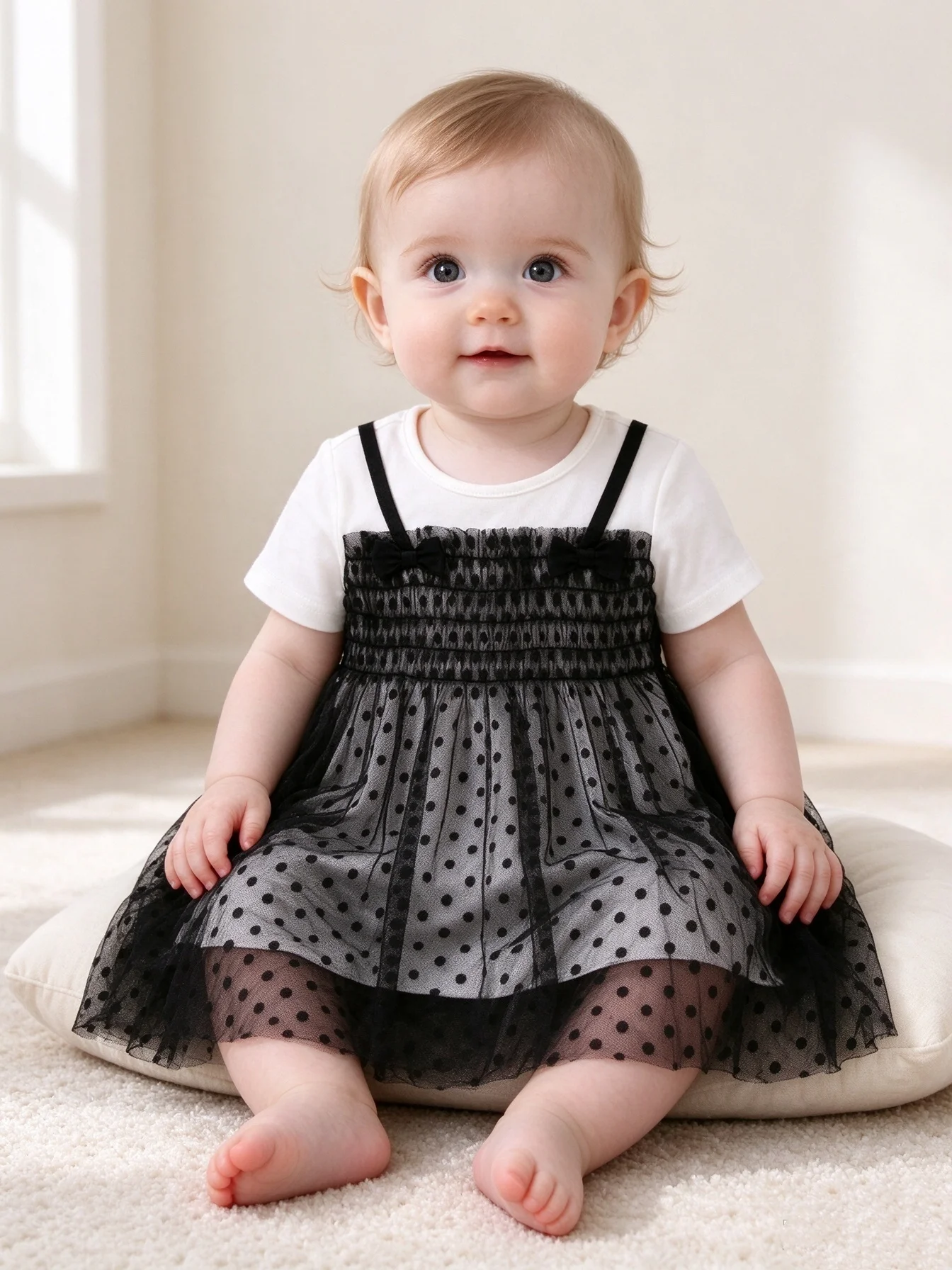 Summer Girls' Round Neck Short Sleeved Solid Color Patchwork Mesh Puffy Skirt, Fashionable And Cute Dress