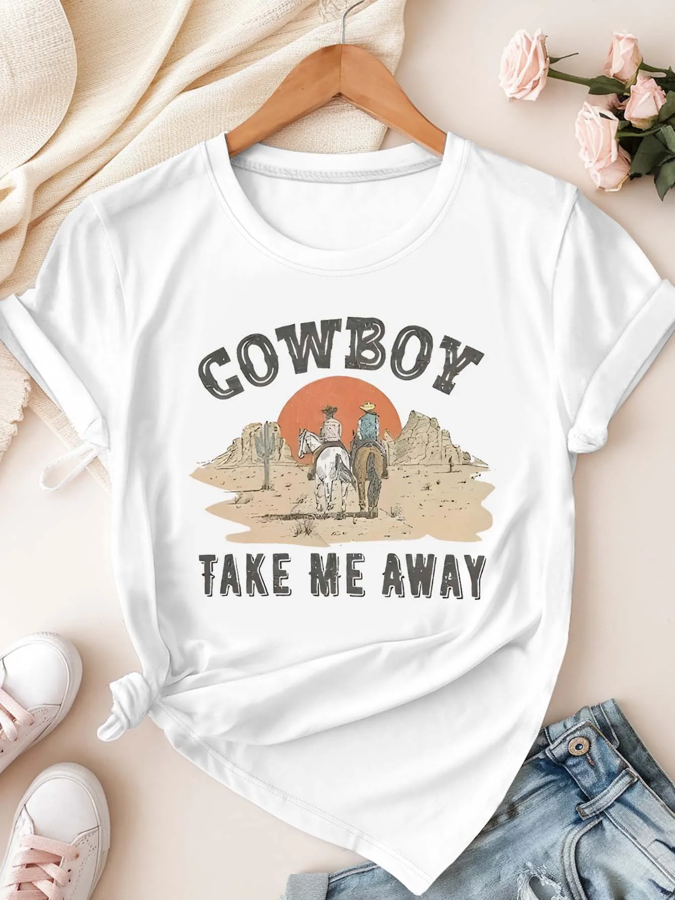 

Ковбойская футболка больших размеров Take Me Away в стиле ретро с рисунком в стиле вестерн для свободной моды