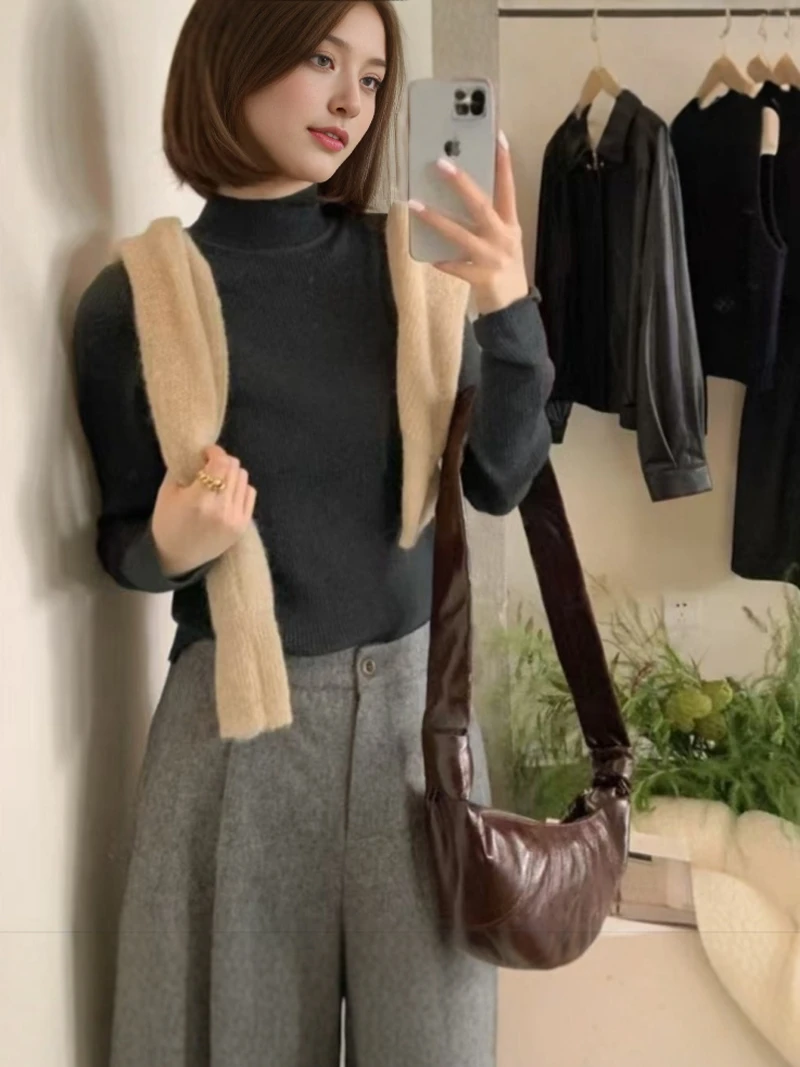 Prosty sweter damski z dzianiny, z wysokim kołnierzem, termiczny, dopasowany, ciepły, z okrągłym dekoltem, mały rozmiar, idealny do pracy, długi rękaw, podstawowy kolor.