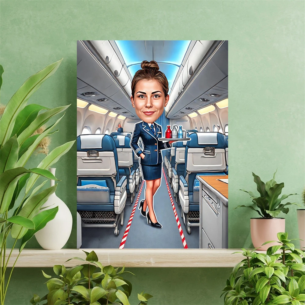 Custom Flight Attendant Cartoon Portrait Prints Cabin Crew Caricature Art Poster Birthday Gift Funny Cabin Crew Canvas Prints