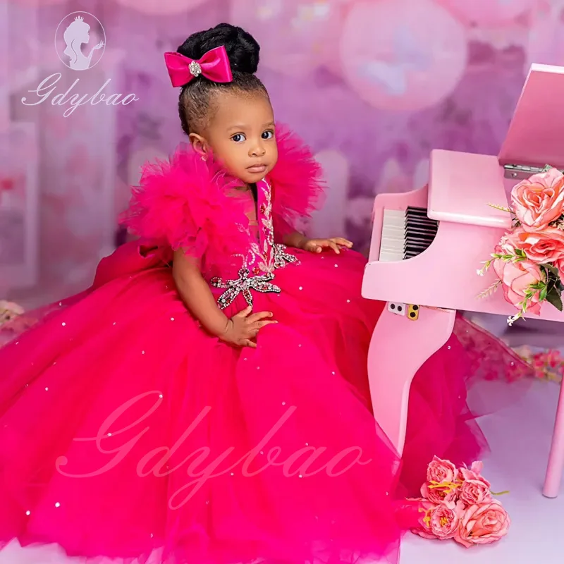 

Rose Pink Flower Girl Dress For Wedding Applique Puffy Tulle Floor Length Princess Pageant Kids Birthday Party Ball Gown