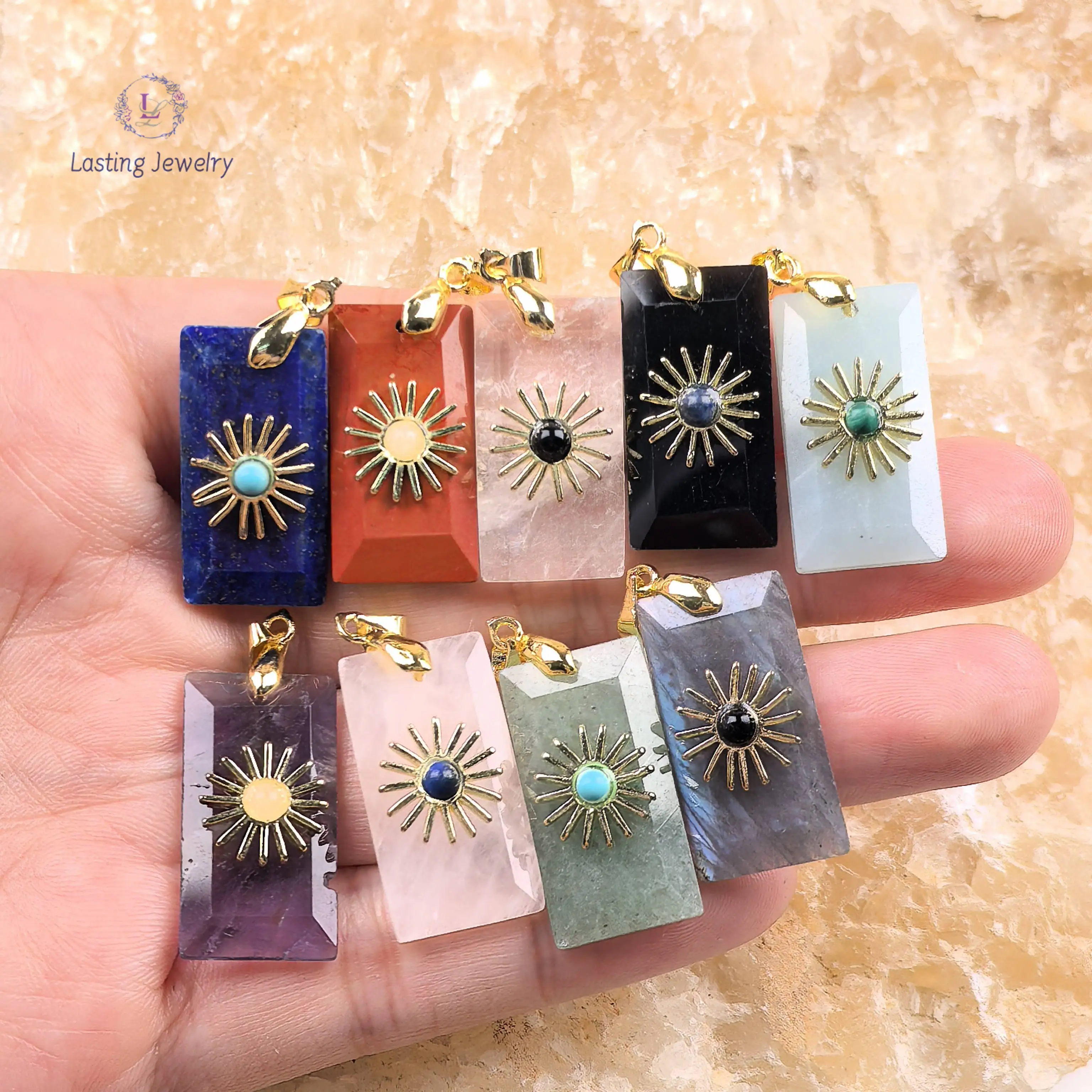 

Faceted Crystal Rectangle Slice Pendants Inlaid Sunflower Gemstone Charms For Necklace Jewelry Making Lapis Rose Quartz Obsidian