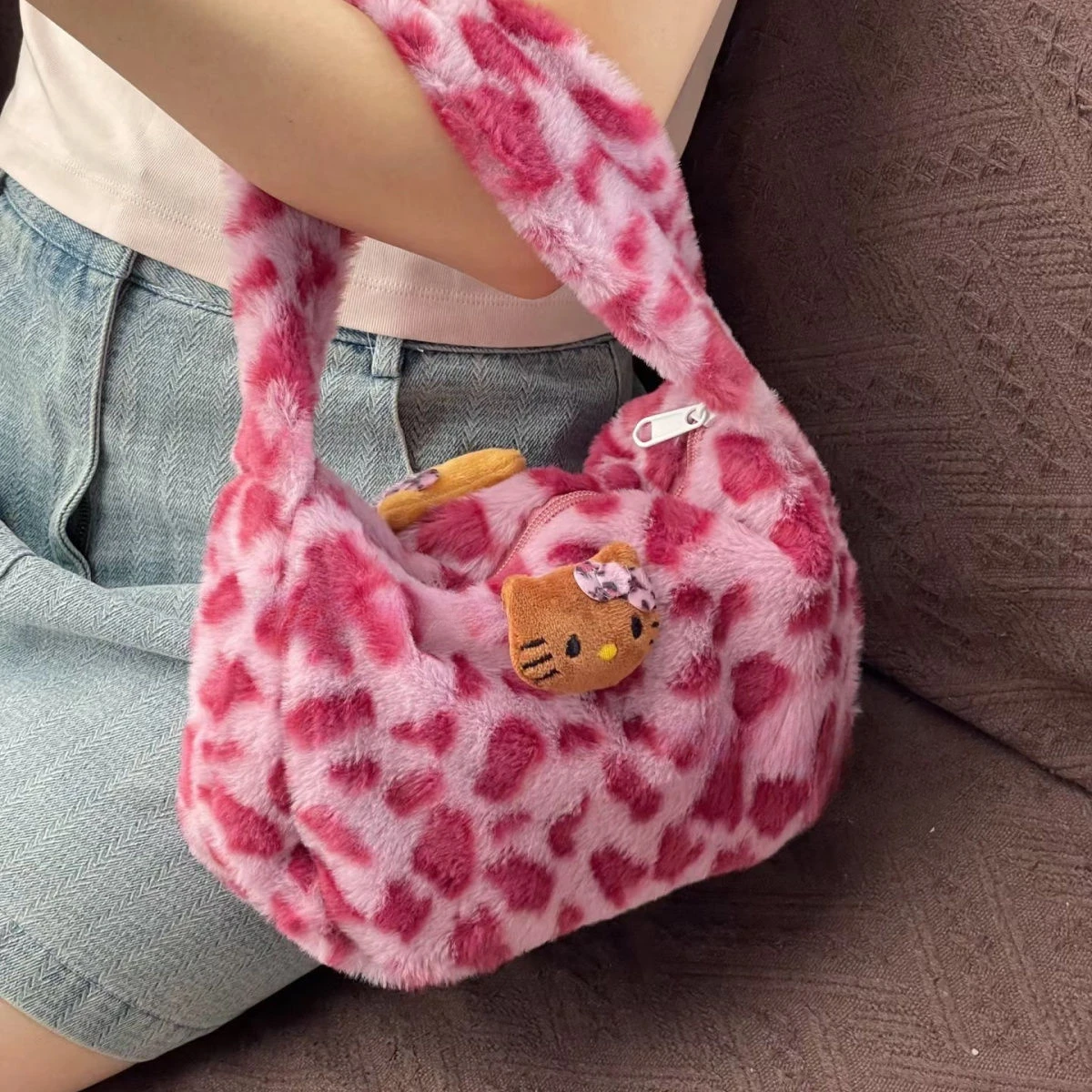 New Hello Kitty Handbag Miniso Anime Y2K Leopard Print Storage Bag Autumn Winter Retro Commuting Y2K Versatile Shoulder Bag