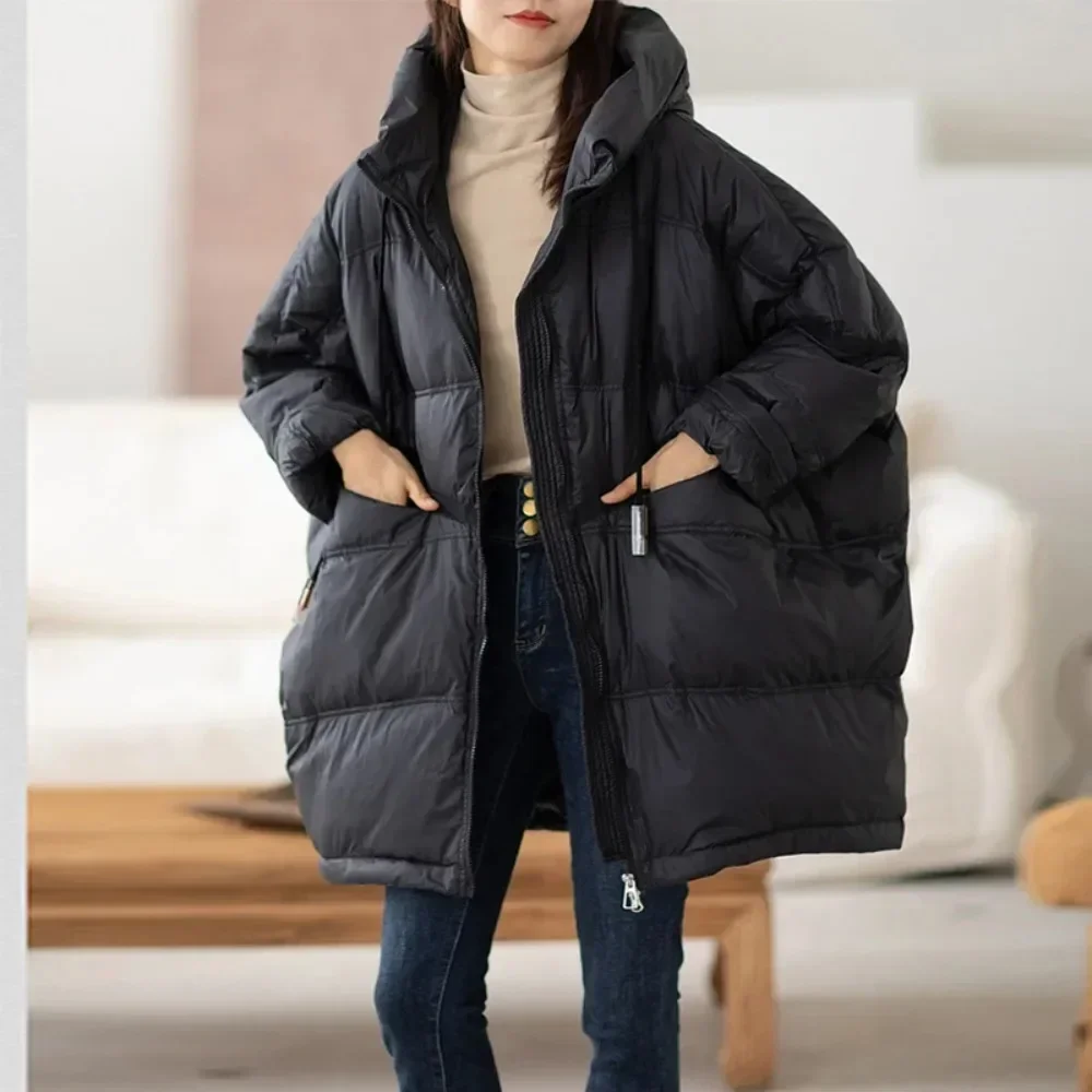 Down Jacket Women 2024 New Winter White Duck Down Jacket Casual Loose Over Size Warm Parka Female Drawstring Hooded Puffer Coat