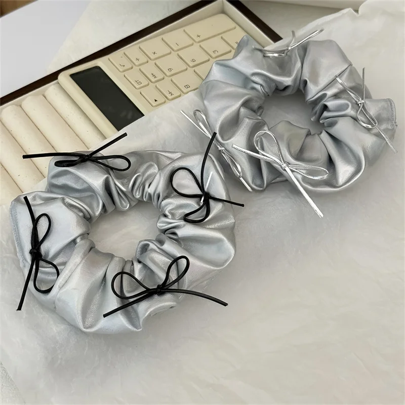 Metal Bow Scrunchies para Mulheres, Laço de Cabelo Cor Prata, Elástico Simples Doce, Acessórios de Cabelo, Corda de Cabelo, Headwear Retro, Y2k