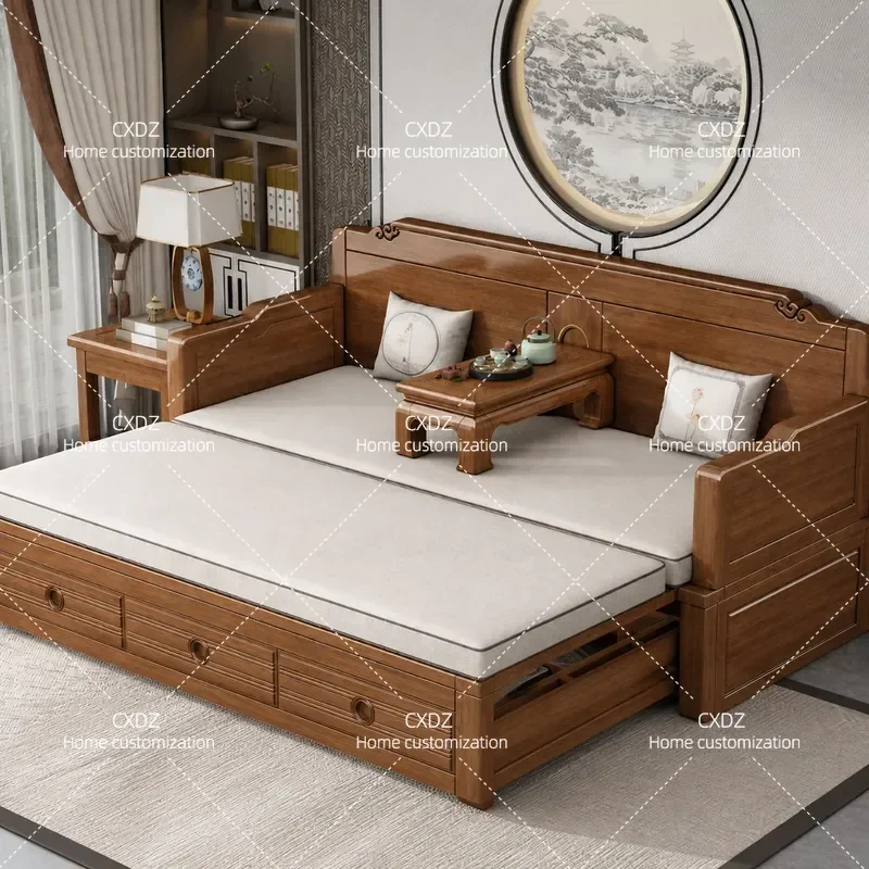 New Chinese Style Solid Wood Sofa Bed Multi-functional Retractable Push-pull Arhat Bed for Living Room Small Apartment