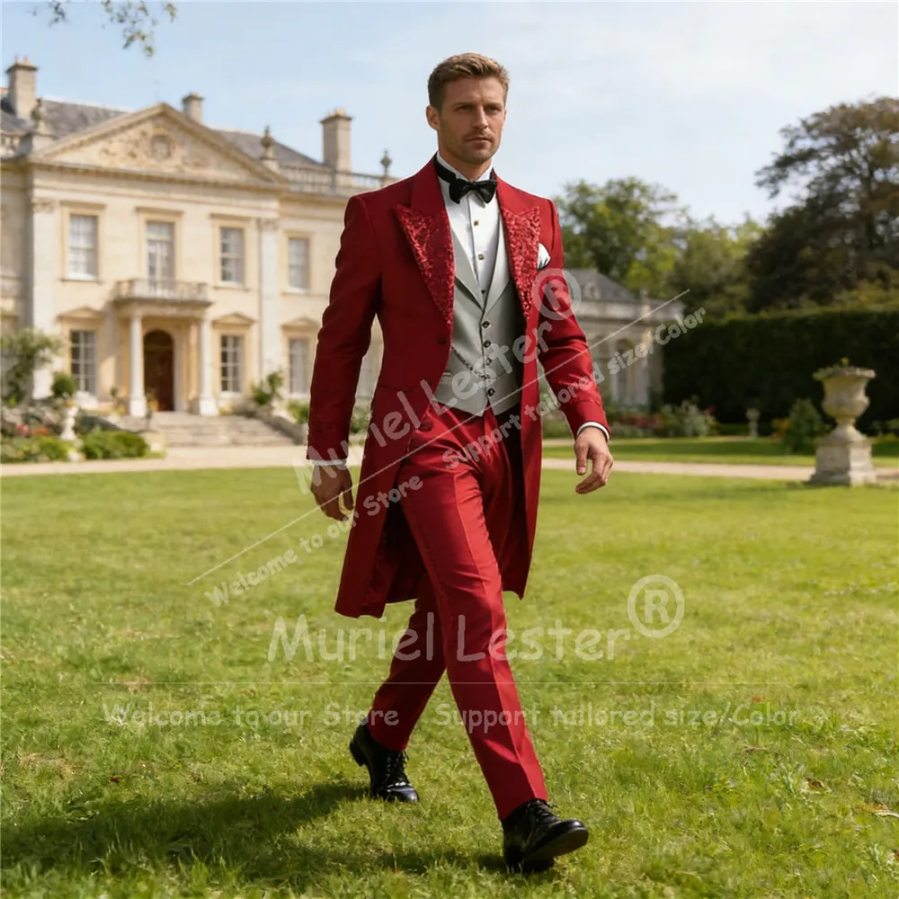 

Elegant Suit Men Formal Wear Sequin Label Prom Blazer Long Custom Made Single Breasted Jacket Vest Pants 3 Pieces Groom Tuxedos
