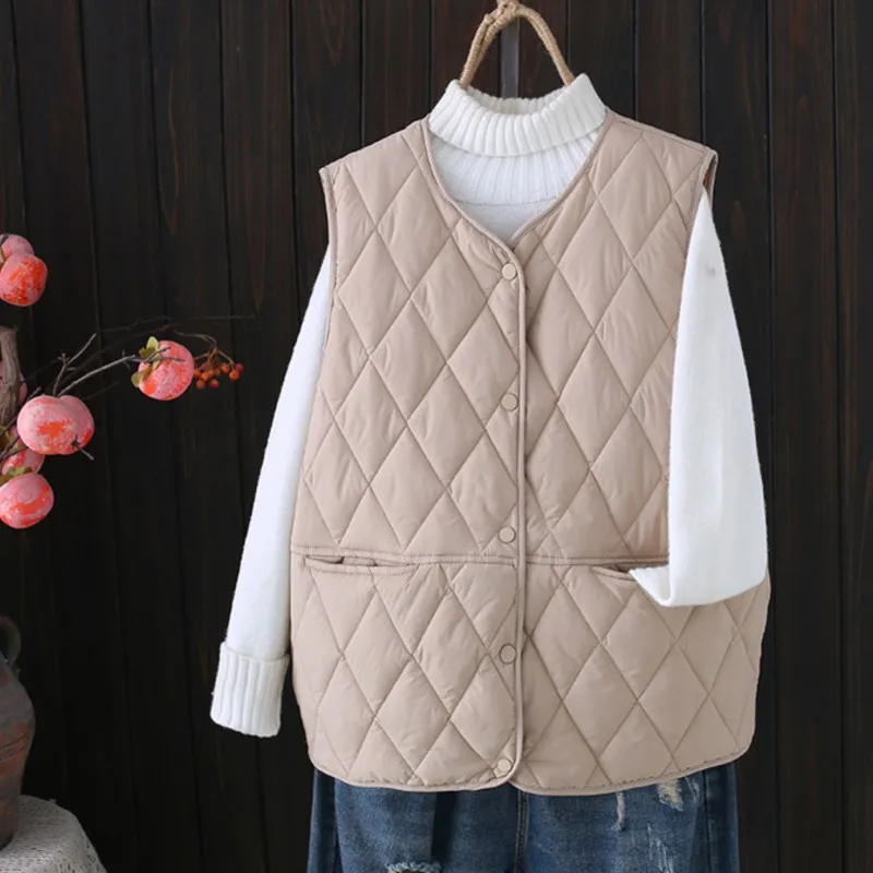 2022 Autumn Padded Vest Jacket Plus Size Women Clothing Loose Fit Argyle Parkas Casual Fashion Sleeveless Coat