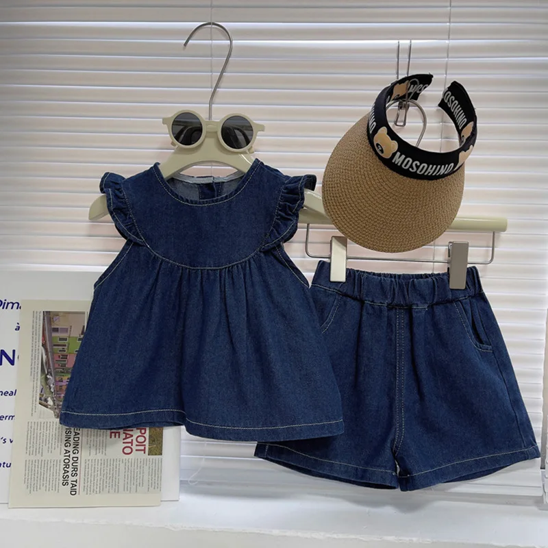

2024New Girls' Shorts Suit Western Style Wooden Ear Sleeveless Doll Shirt Children Denim Two-Piece Suit Generation Hair