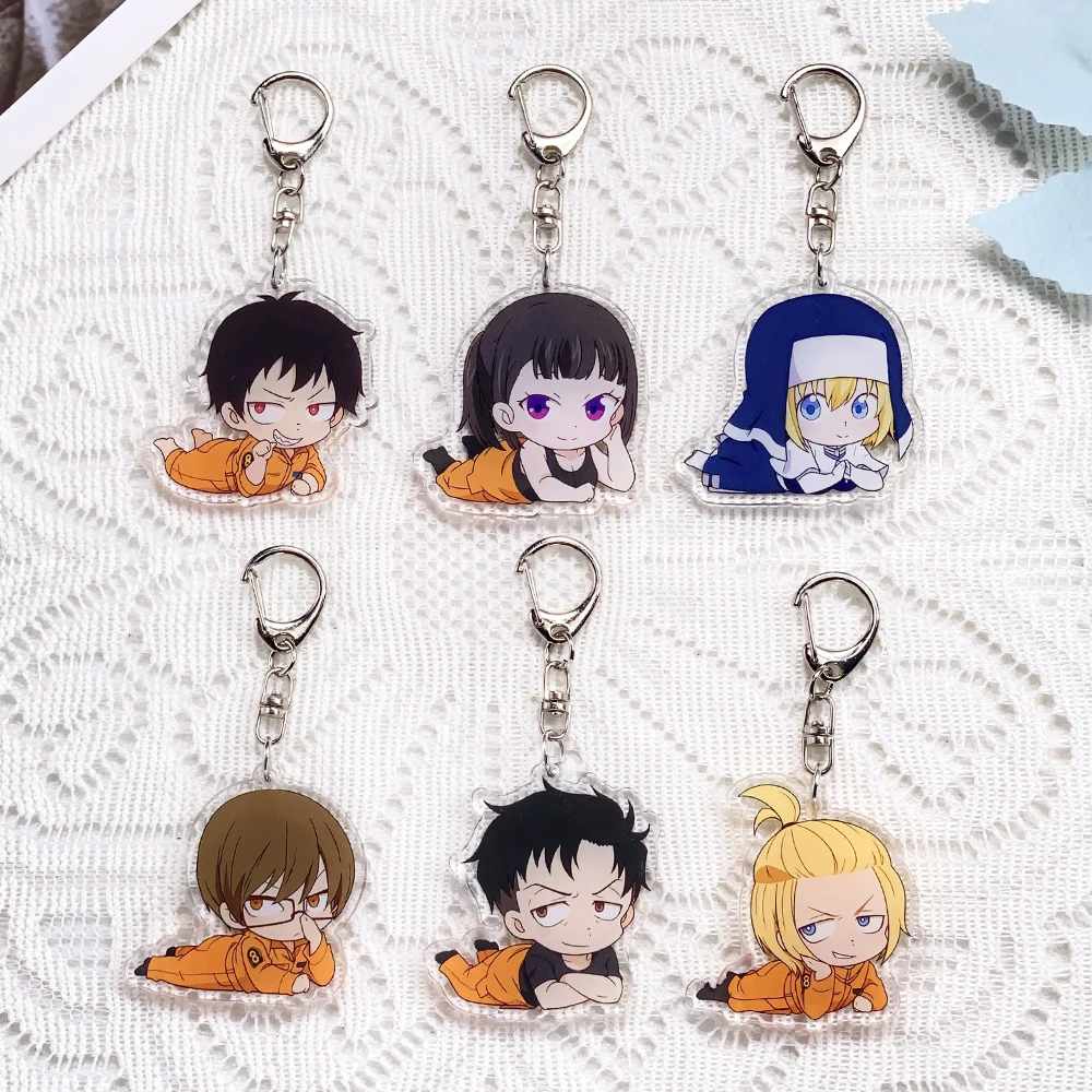 6PCS Llaveros de acrílico de personajes de anime Fire Force, accesorios para coche, regalos para amigos, dijes divertidos para bolsos, bonitos ​   Colgante para Mochila