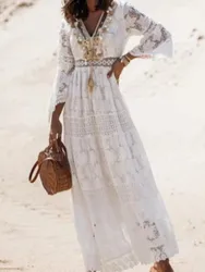 New Hollow Out Tassel Summer Dress For Women Female V Neck Long Sleeve Lace Dresses Solid Casual Women Beach Holiday White Dress