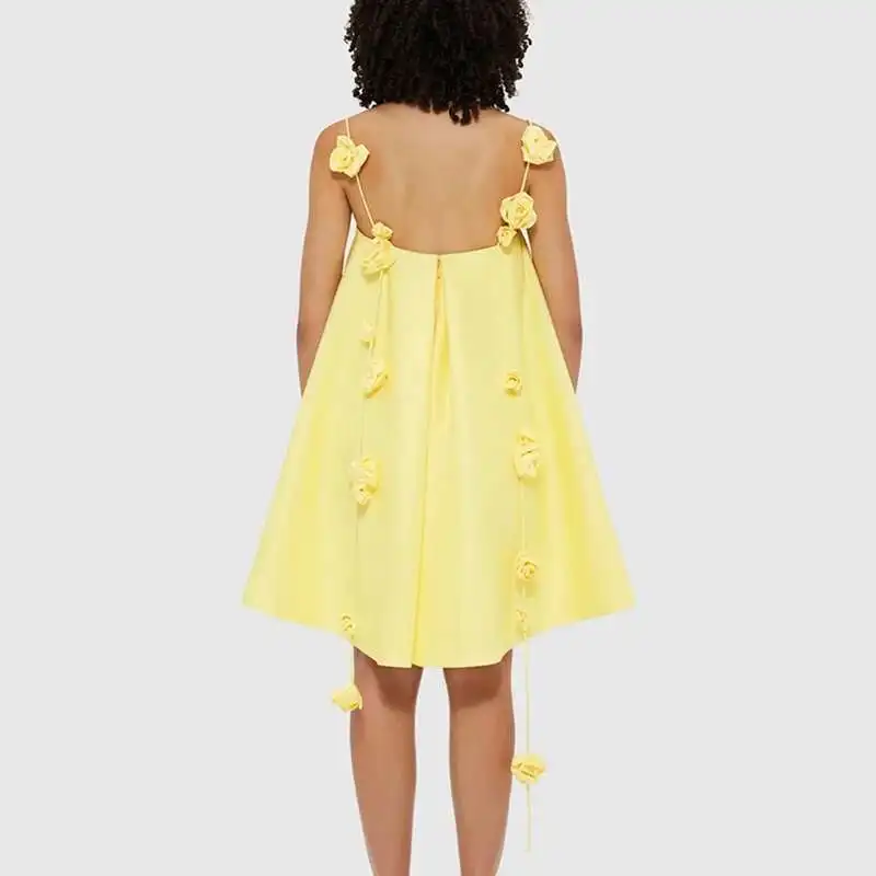 Summer Satin Thin Women's Party Fashion Hollow Sleeveless Holiday Dresses Yellow Rose Flower Suspenders Mini Dress Vestido