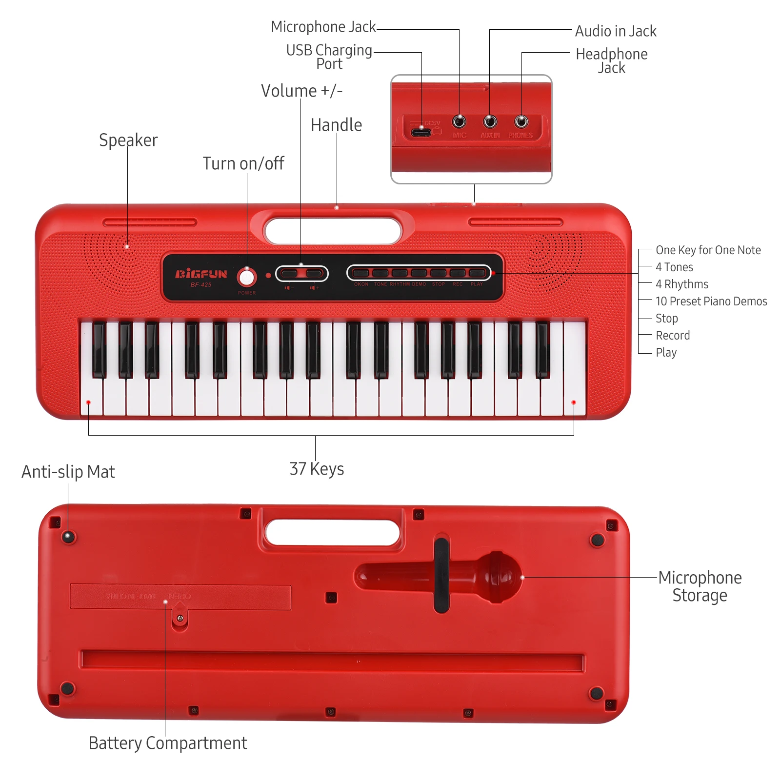 BIGFUN 37 Key Children Electronic Piano with Mini Microphone Preset 10 Demos Supports Recording Headphone/ Aux in Jack Keyboard