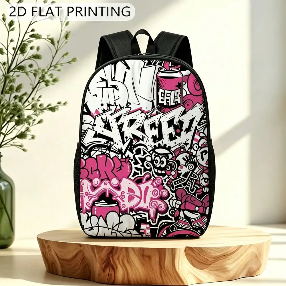 1 Durable Backpack, Graffiti Pink And Black Pattern, Adjustable Shoulder Straps And Zipper, Unisex 2D Flat Print Large Backpack, Can Be Used As A Gift Or Present, Fashionable And , Easy To Clean
