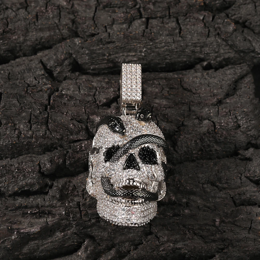 THE BLING KING Iced Out Ghost Skull Head Black Snake Arround Pendant Necklace For Men White Gold Plated Charm Hip Hop Jewelry