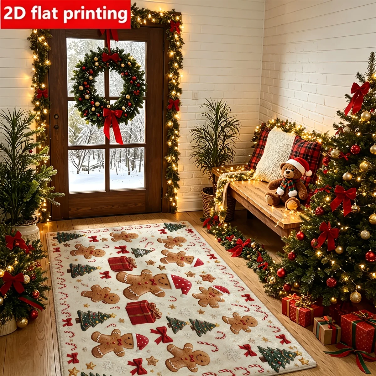 1pc 2D Flat Gingerbread Man Christmas Tree Gift Candy Cane Printed Floor Mat, Decorative Rug for Living Room, Bedroom, Home