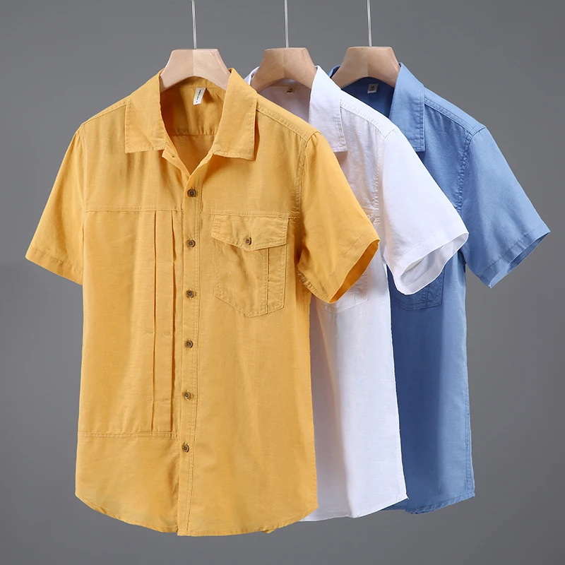

Linen 55%&Cotton 45% Designer Shirts For Men Short Sleeve Pocket Summer Quality Breathable Solid Casual Trendy Camisas De Hombre
