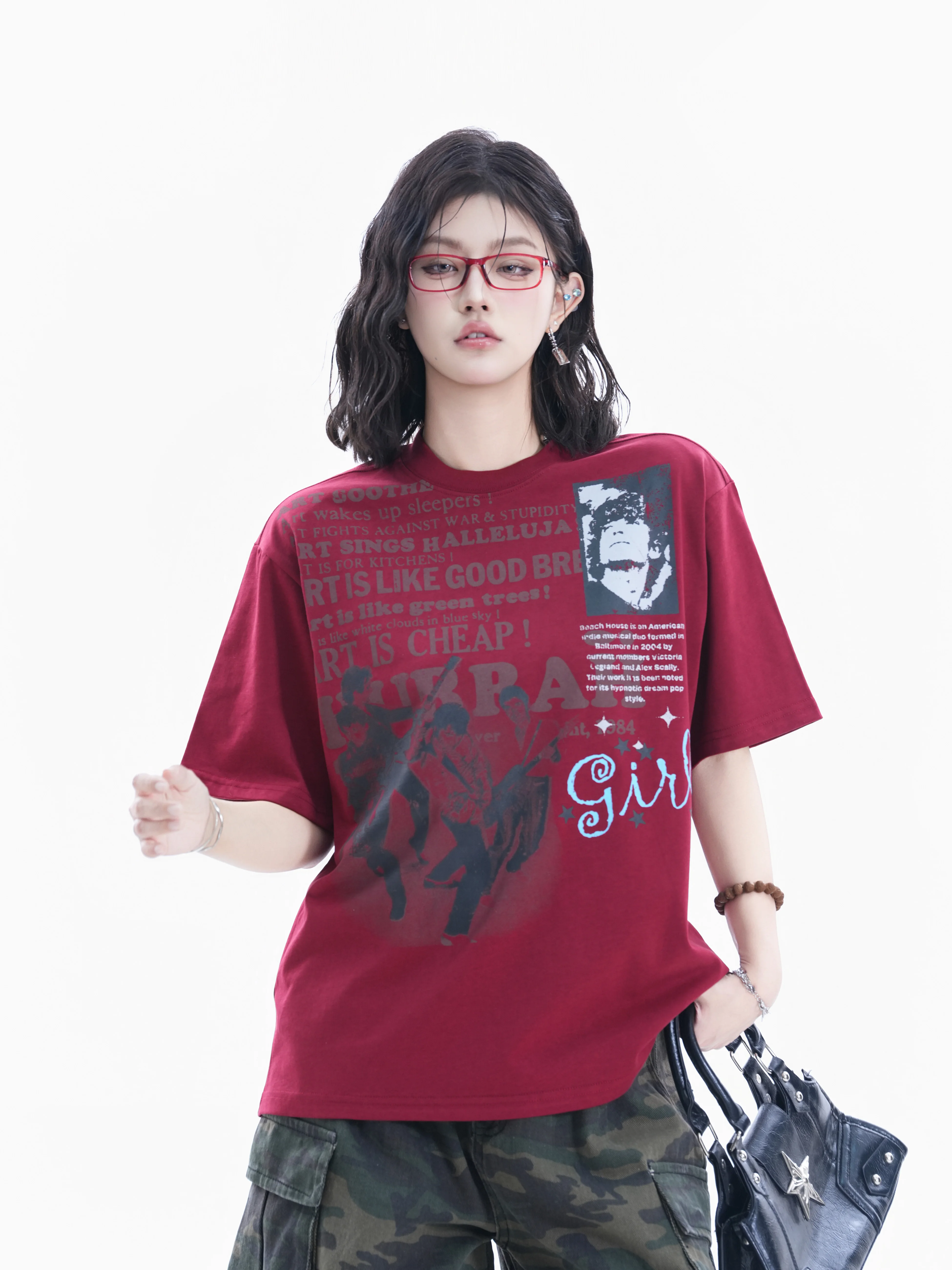 

Retro American Newspaper Print Short Sleeve T-Shirt Women's Loose Streetwear Couple's Top Small Ball Brand Cotton Tee