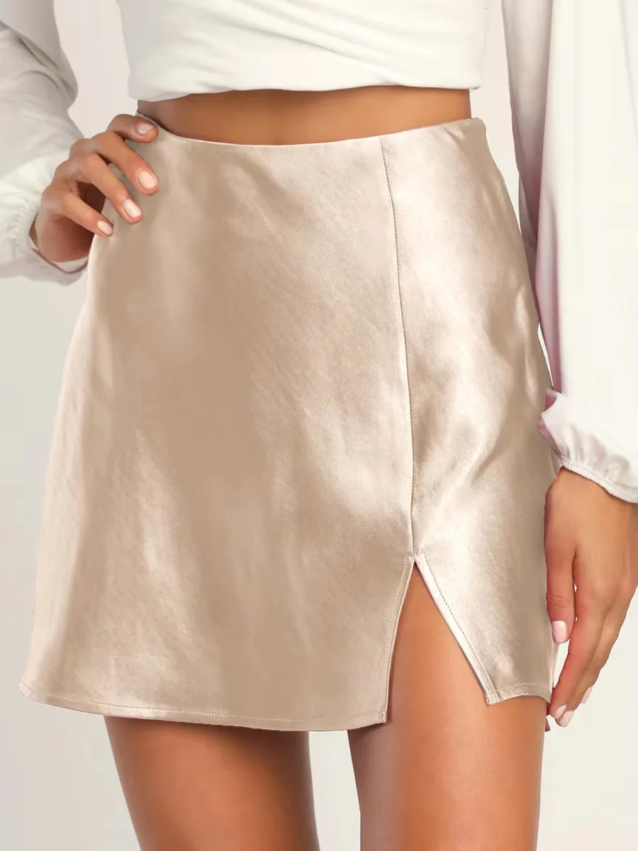 섹시한 A라인 스커트, 스플릿 하이웨이스트 새틴 원단 출퇴근용 스커트, 단색 기타 소재, 2024년 봄