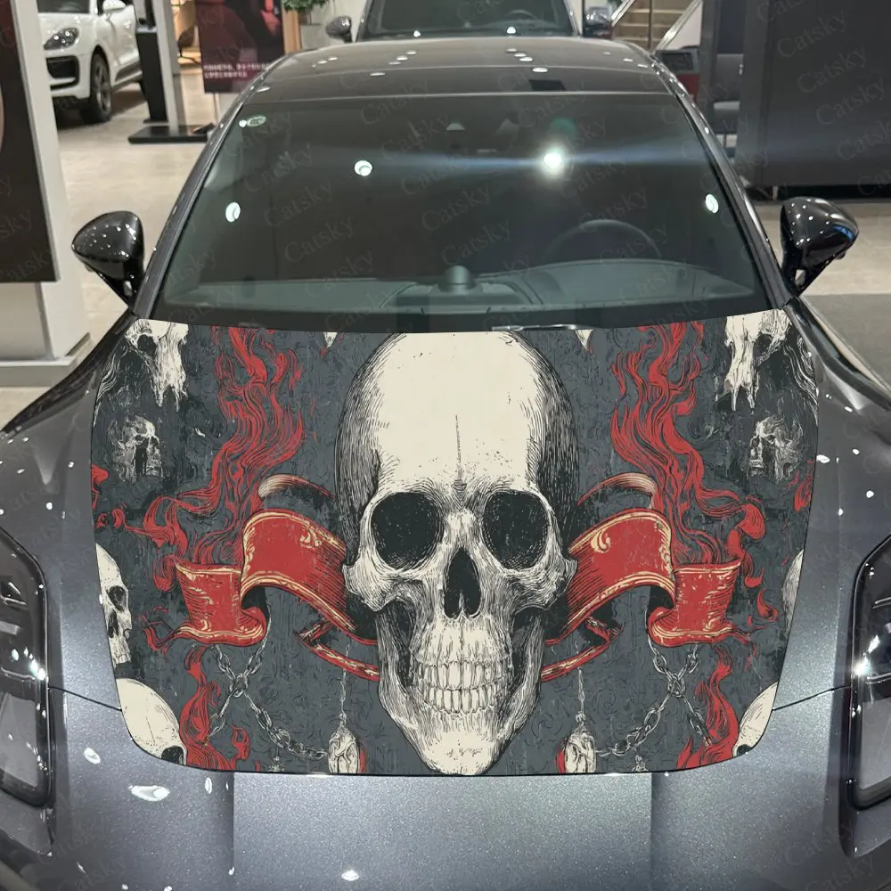 Skull Red Flame Dominant Hardcore PVC Car Hood Wraps, Self-Adhesive Waterproof Car Bonnet Decal Sticker, Car Decoration Protecti