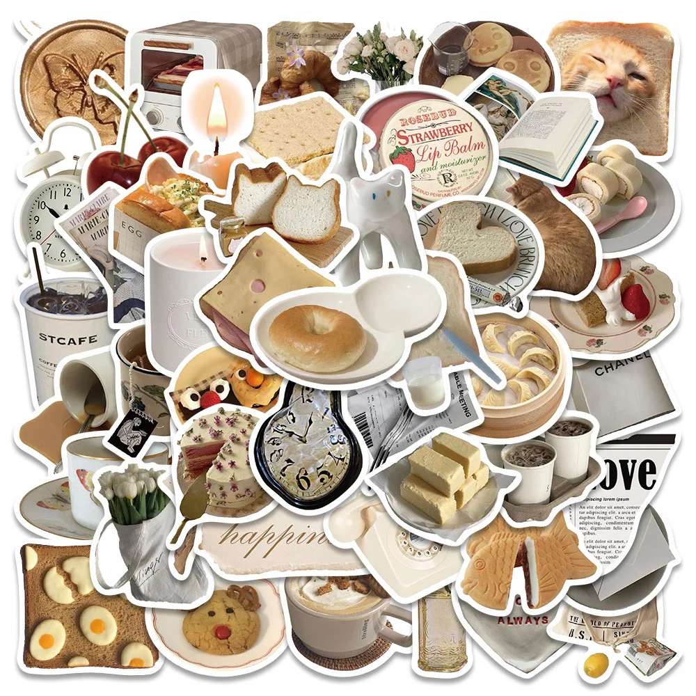 

10/30/60pcs Vintage Ins Simple Cute Stickers Cartoon Food Decals Decoration Phone Notebook Suitcase Laptop Fridge Wall Sticker