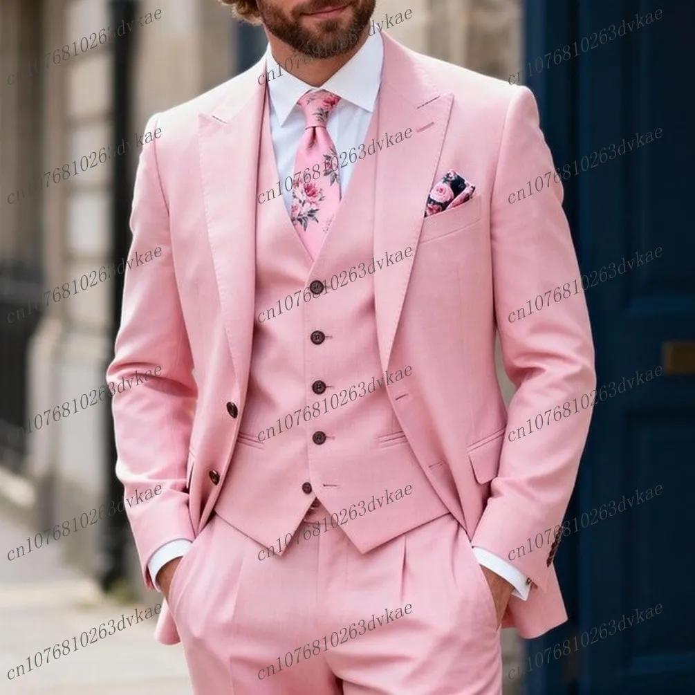 

New Pink Men Suit Wedding Party Formal Groom Groomsman Prom Business Male Tuxedos Customized 3 Piece Set Jacket Vest Pants