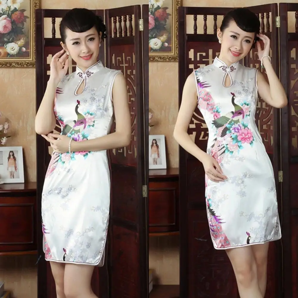 Sexy Women Sleeveless Qipao Dress Mandarin Collar Peacock Print Side Slitting Hem Short Dress Satin Evening Party Dress Vestidos