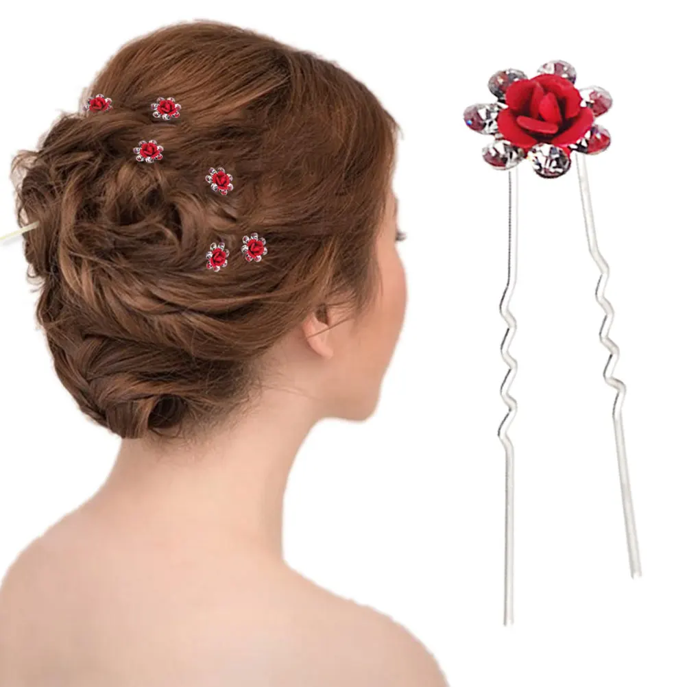 

12pcs Rhinestone Pearl Flower Hairpins for Wedding Bride Bridesmaid U Shaped Clips Women Accessories Daily Wear Gift