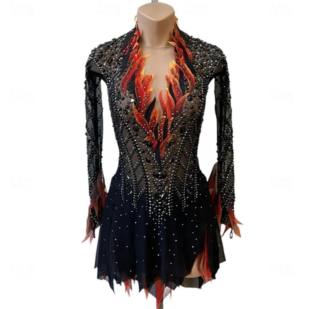 

Figure Skating Dress Women's Black Red Patchwork Open Back Mesh High Elasticity Training Competition Skating Wear Classic
