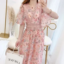 Women Floral Chiffon Chic Lace Midi Dress Summer Fashion Chic Ruffled Casual Beach Dress 2026 Korean Elegant Dress