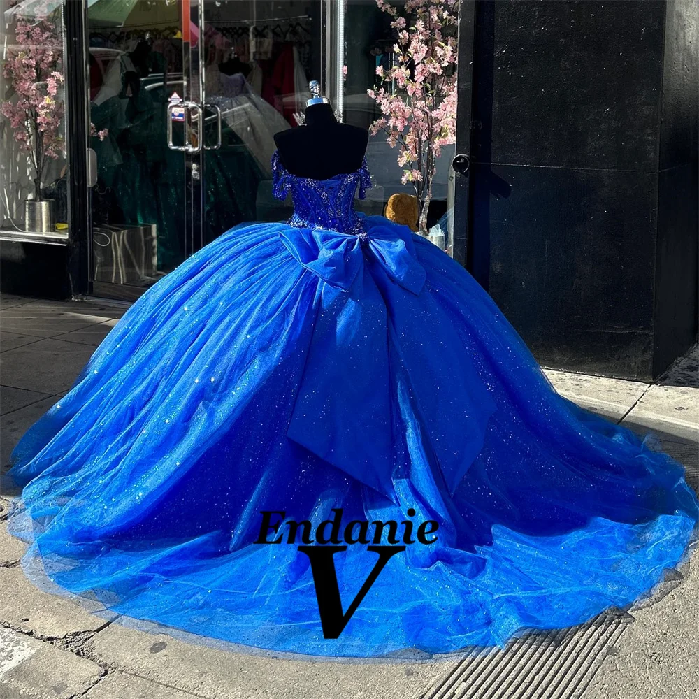 Vendanie Glamorous Off-the-shoulder Princess Ball Gown Appliques Beads Bow Lace up Draped Vestido De 15 Quinceañeras Morado