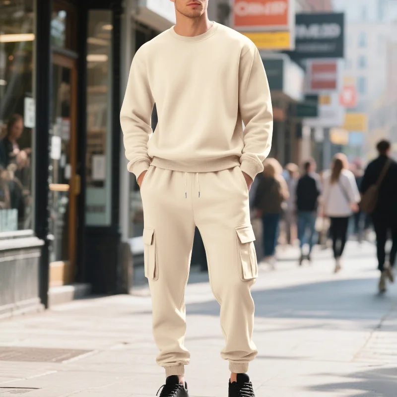 European American Autumn Winter New Men's Suit Heavyweight Fleece Lined Loose Casual Sports Cargo Pants Crew Neck Sweatshirt2Set