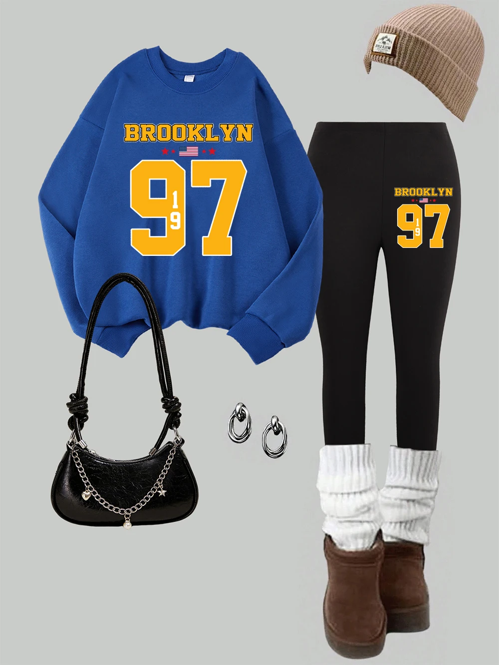 2 قطعة المرأة بروكلين الولايات المتحدة الأمريكية 1997 الطباعة بلوزات طماق مجموعة الشتاء الصوف الحراري هوديي السراويل الأساسية امرأة الركض الملابس #1