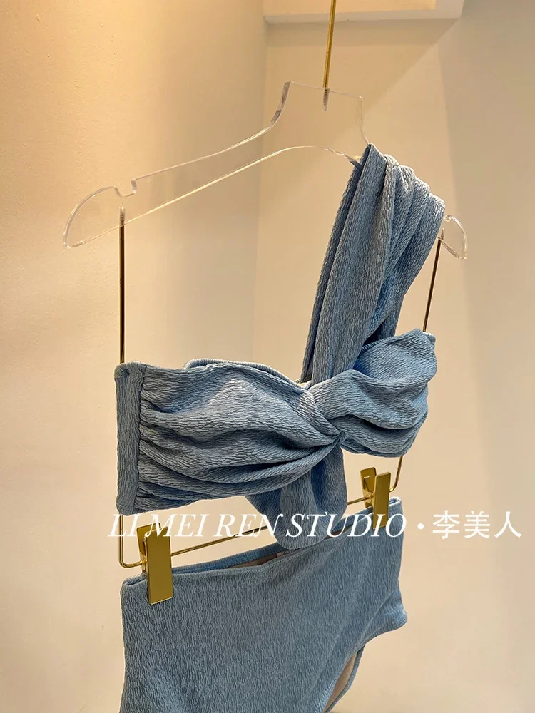 New Design Twisted Single Shoulder Solid Color Sexy High Waist Bikini Swimsuit