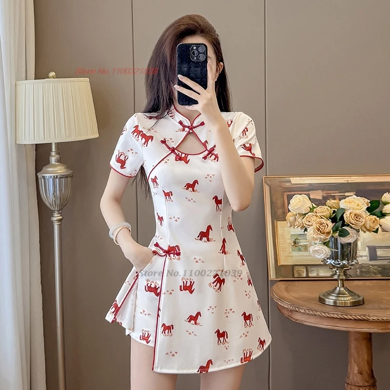 

2026 chinese sexy dress improved cheongsam national horse print qipao dress+shorts hotel spa work dress nightclub qipao dress