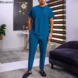 Ensemble de style ethnique africain pour hommes, haut et pantalon trempés, col rond, manches longues brodées, mode d'été, 2 pièces, 2024