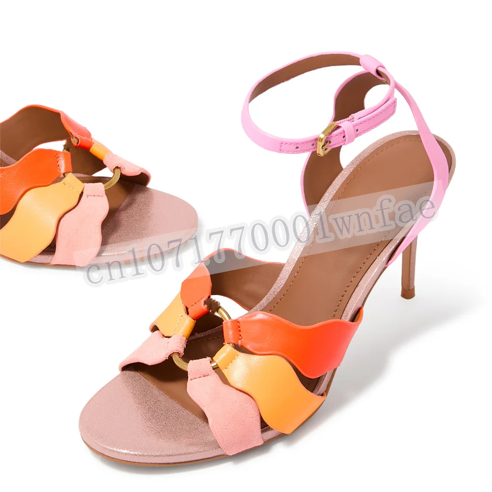 Women Color Block Cutout Stiletto Sandals Open Toe Ankle Strap Buckle High Heels Multicolor Patchwork Summer Evening Dress Shoes