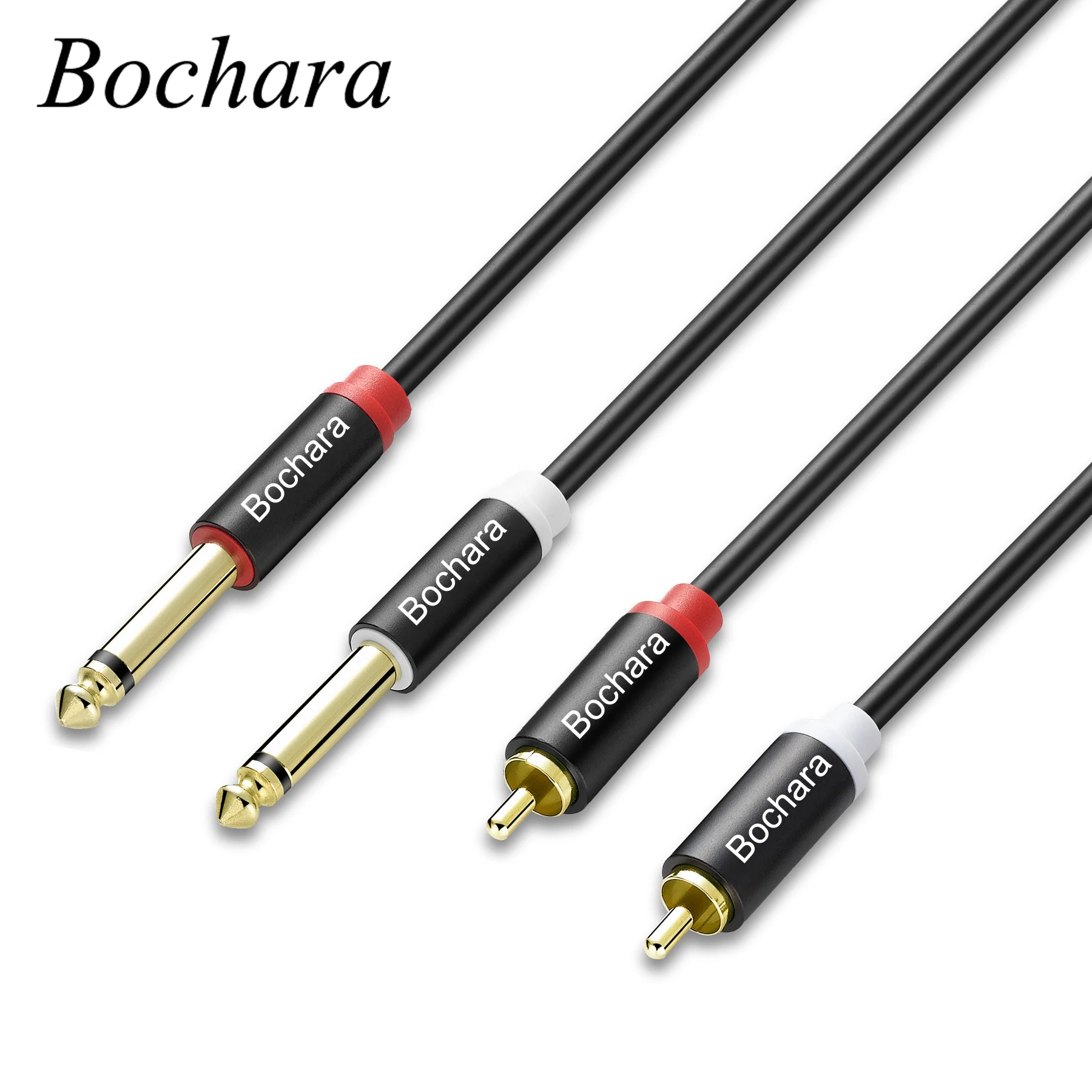 Bochara 1.5m 5ft 2RCA to 2x6.5mm 6.35mm Dual 1/4\'\'TS OFC Audio Cable Foil+Braided Shielded For Amplifier Mixer