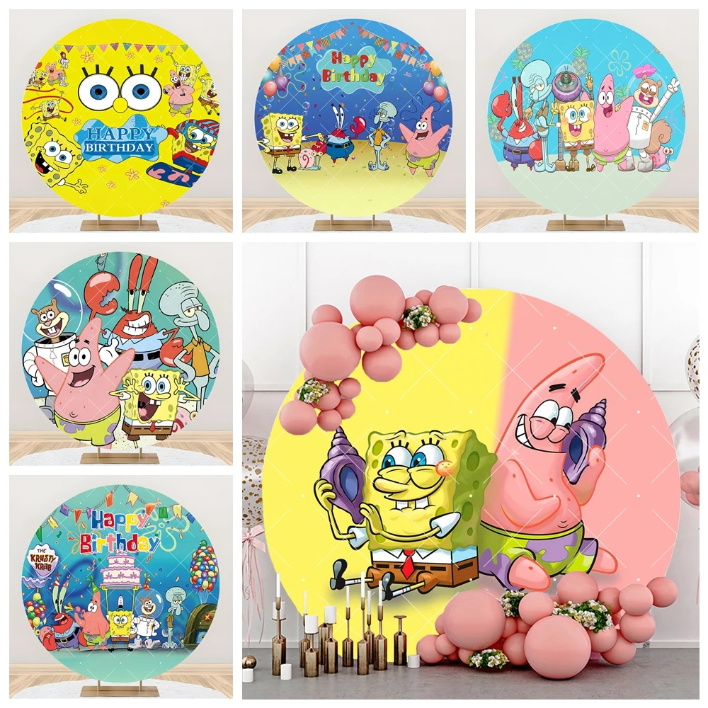 SpongeBob Theme Round Cartoon Backdrop Custom Kid Birthday Party Circle Decoration Cover Baby Shower Photography Background Prop