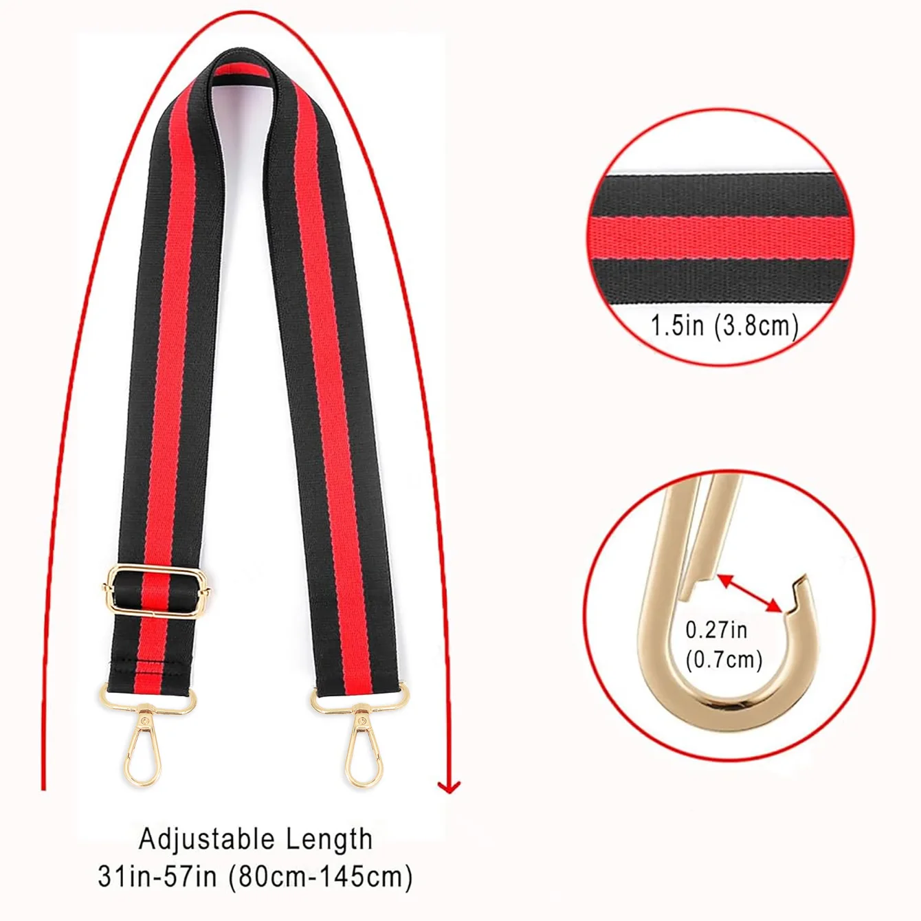 Black Red Stripe Purse Strap Wide Shoulder Strap Adjustable Replacement Belt Crossbody Canvas Bag Handbag DIY Purse Making
