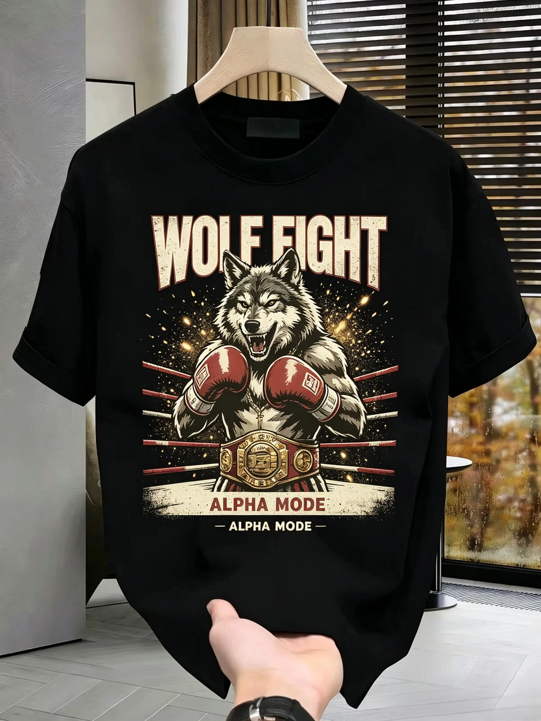 Unisex WOLF FIGHT Boxing Wolf Championship Belt Ring Graphic T Shirt Men Women Alpha Mode Retro Fight Sports Short Sleeve Black Tee