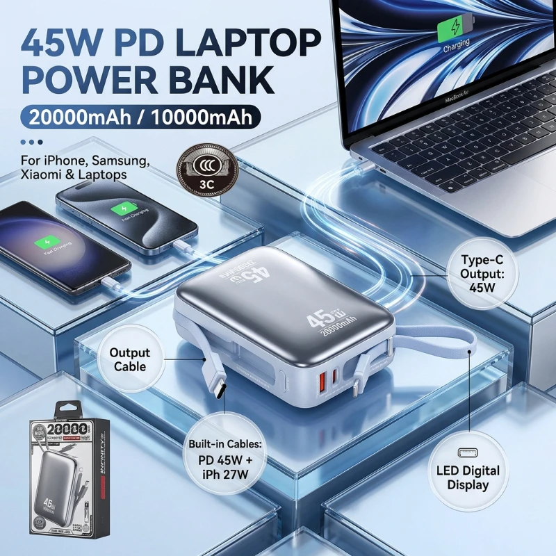 

45W High Power Portable Power Bank Dual Capacity USB-C Fast Charging External Battery For Laptop Smartphone